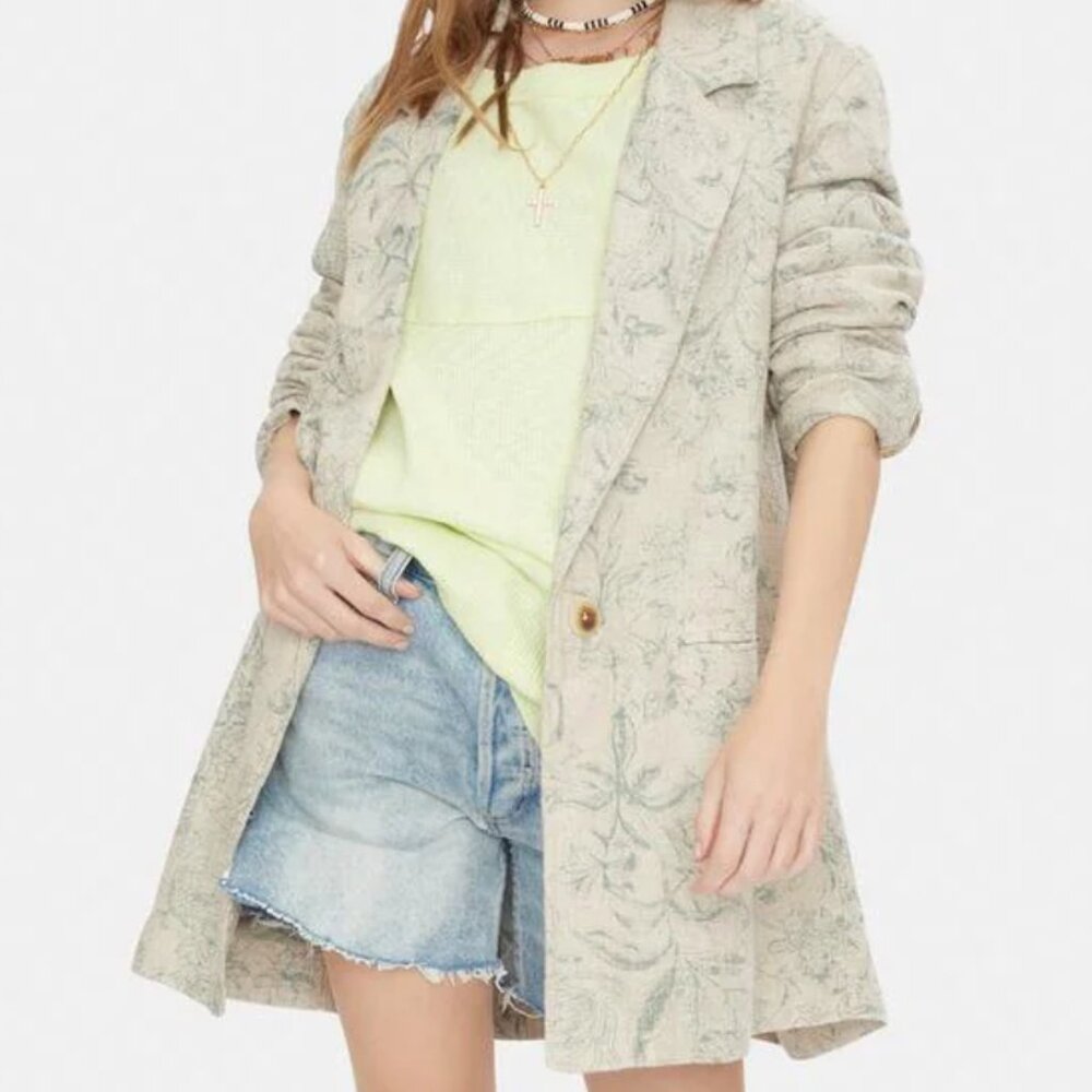 We the Free Free People Printed Beckett Blazer Sage Green Linen Oversized Small